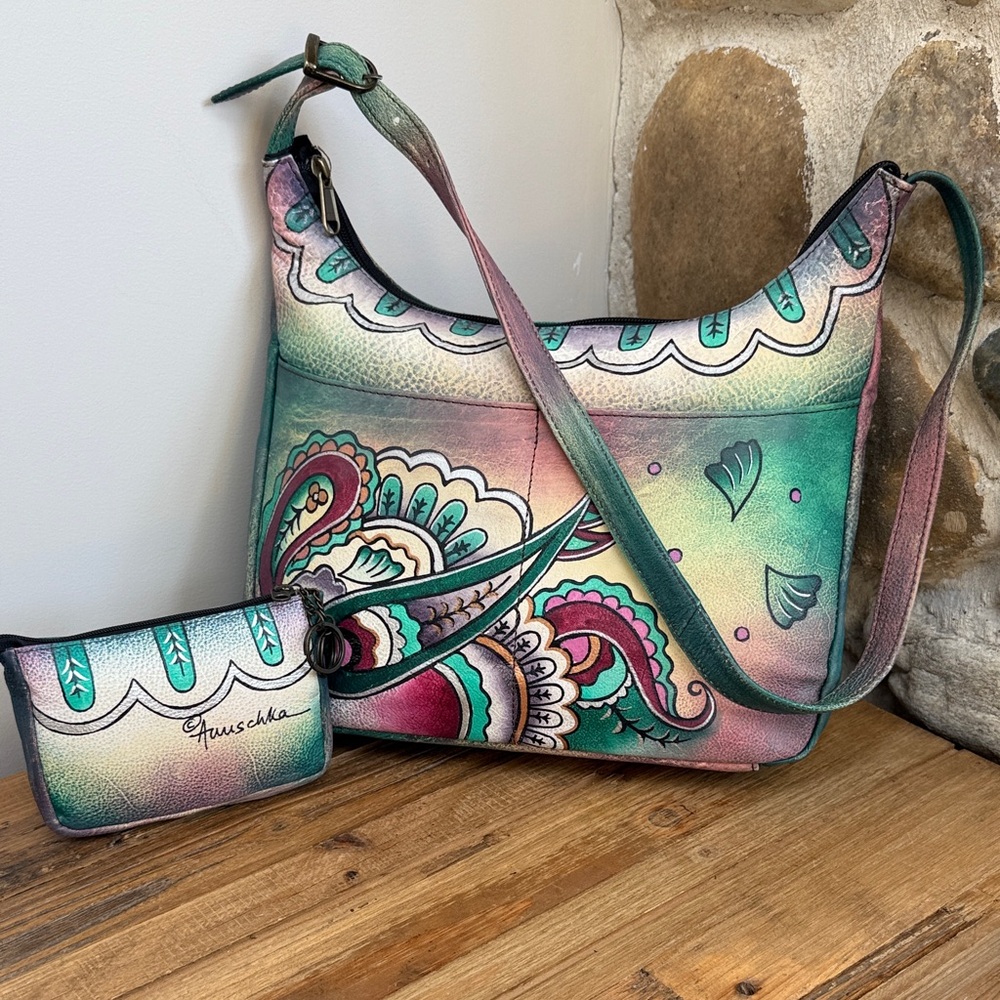 Anuschka Painted Leather Floral Shoulder Bag and Wallet